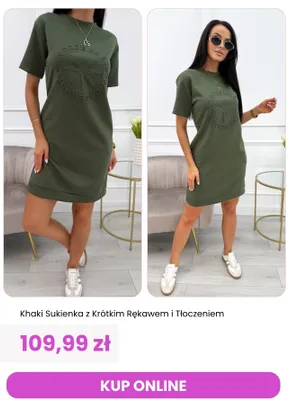 Sukienka khaki z krótkim rękawem i tłoczeniem ModnaKiecka.pl promocja w Modna Kiecka