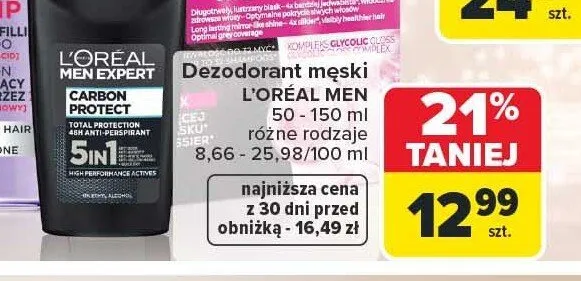 Dezodorant męski L'Oréal Men Expert Carbon Protect promocja w Carrefour Market