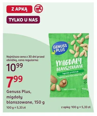 Migdały blanszowane Genuss Plus promocja w Rossmann