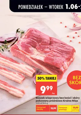 Boczek wieprzowy bez kości i skóry pakowany próżniowo Kraina Mięs promocja w Biedronka