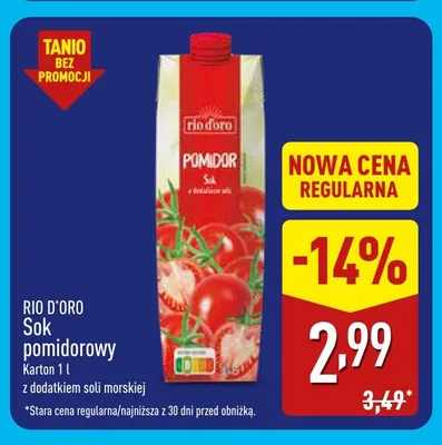 Sok pomidorowy z dodatkiem soli morskiej Rio D'Oro promocja w Aldi