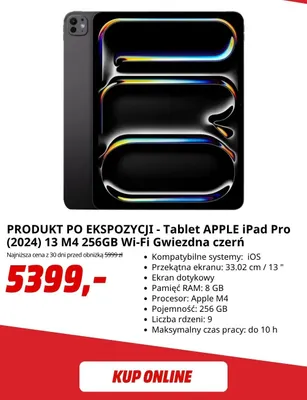 Tablet Apple iPad Pro (2024) 13 M4 256GB Wi-Fi gwiezdna czerń powystawowy promocja w Media Markt