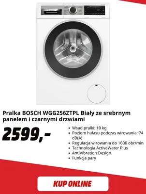 Pralka Bosch WGG256ZTPL biały ze srebrnym panelem i czarnymi drzwiami promocja w Media Markt
