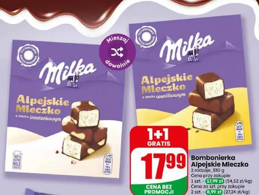 Bombonierka Alpejskie Mleczko o smaku waniliowym Milka promocja w Dino