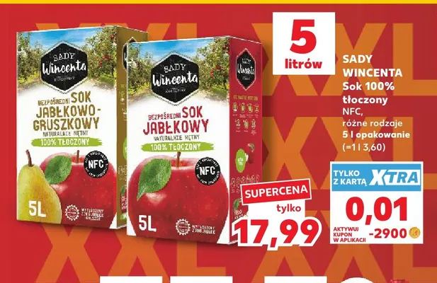 Sok tłoczony NFC jabłkowo-gruszkowy Sady Wincenta 100% promocja w Kaufland