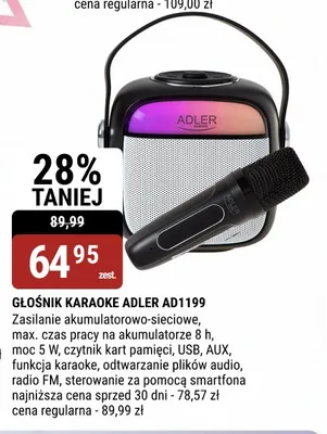 Głośnik karaoke ADLER AD1199 Zasilanie akumulatorowo-sieciowe, max. czas pracy na akumulatorze 8 h, moc 5W, czytnik kart pamięci, USB, AUX, funkcja karaoke, odtwarzanie plików audio, radio FM, sterowanie za pomocą smartfona promocja w bi1