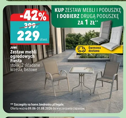 Zestaw mebli ogrodowych Jumi Fiesta stolik, 2 składane krzesła, beżowe promocja w Biedronka
