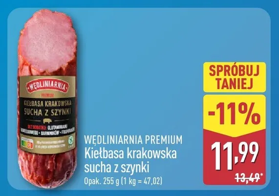 Kiełbasa krakowska sucha z szynki promocja w Aldi