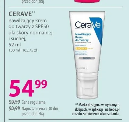 Nawilżający krem do twarzy z SPF50 dla skóry normalnej i suchej CERAVE promocja w Hebe