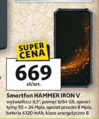 Smartfon HAMMER IRON V wyświetlacz 6.5" gorilla, aparat tylny 50 + 24 Mpix, aparat przedni 8 Mpix, bateria 6320 mAh, klasa energetyczna B promocja w Auchan