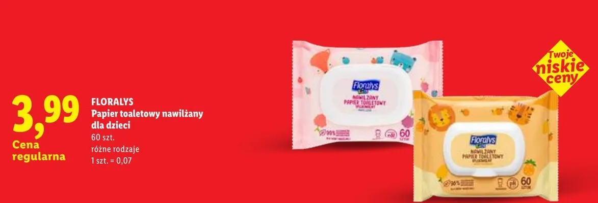 Papier toaletowy nawilżany dla dzieci Floralys promocja w Lidl