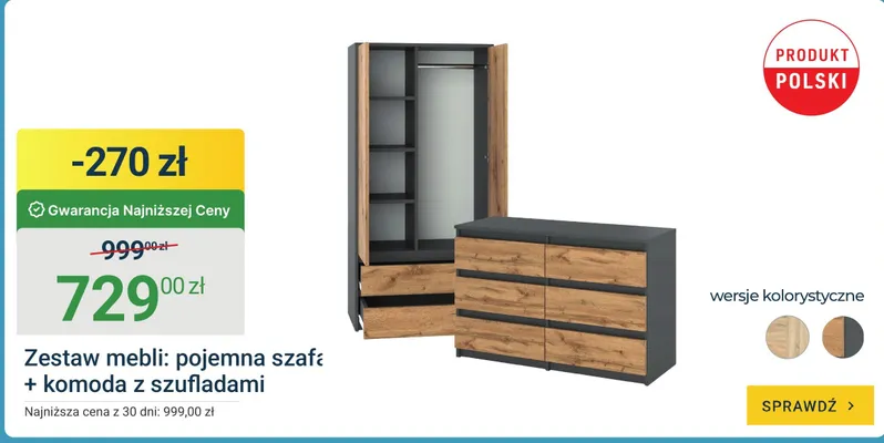 Zestaw mebli pojemna szafa z komodą z szufladami promocja w ERLI