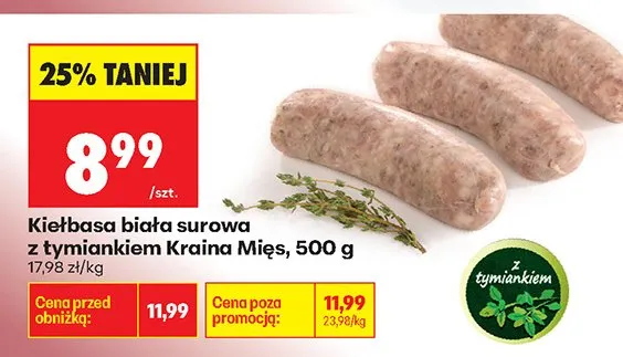 Kiełbasa biała surowa z tymiankiem Kraina Mięs, 500 g promocja w Biedronka