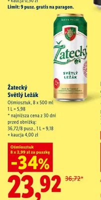 Piwo Žatecký Světlý Ležák 8-pak 500 ml promocja w Lidl