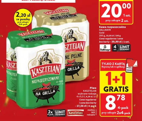 Piwo Kasztelan Niepasteryzowane 4-pak 500 ml promocja w Intermarche