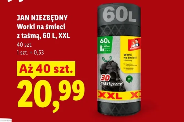 Worki na śmieci z taśmą 60 l XXL Jan Niezbędny promocja w Lidl
