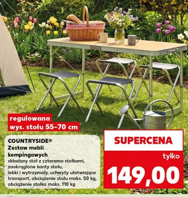 Zestaw mebli kempingowych COUNTRYSIDE składany stół z czterema stołkami, zaokrąglone kanty stołu, lekki i wytrzymały, uchwyty ułatwiające transport, obciążenie stołu maks. 50kg, obciążenie stołka maks. 110kg regulowana wys. stołu 55-70cm promocja w Kaufland