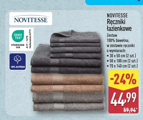 Ręczniki łazienkowe Novitesse promocja w Aldi