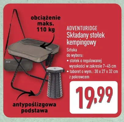 Składany stołek kempingowy o regulowanej wysokości ADVENTURIDGE promocja w Aldi