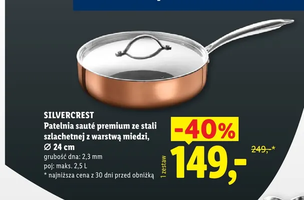 Patelnia sauté premium ze stali szlachetnej z warstwą miedzi 24 cm Silvercrest promocja w Lidl