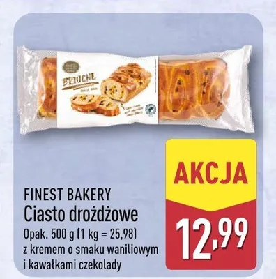 Ciasto drożdżowe z kremem o smaku waniliowym i kawałkami czekolady promocja w Aldi