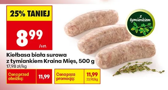 Kiełbasa biała surowa z tymiankiem Kraina Mięs, 500 g promocja w Biedronka