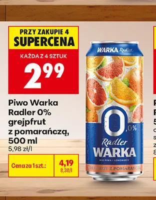 Piwo bezalkoholowe Warka Radler grejpfrut z pomarańczą promocja w Biedronka