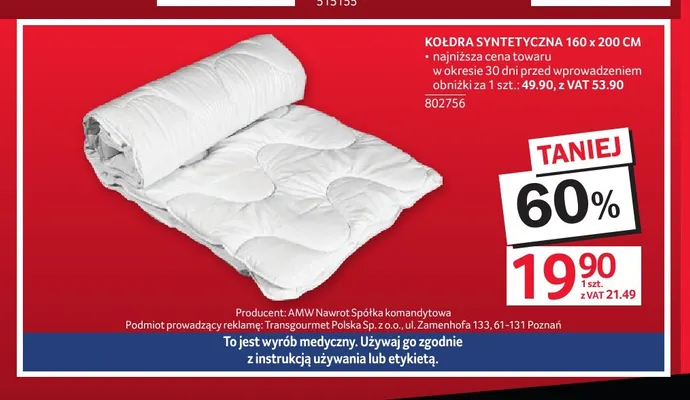 Kołdra syntetyczna 160x200 cm promocja w Selgros