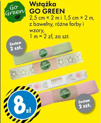 Wstążka Go Green 2,5 cm × 2 m i 1,5 cm × 2 m, z bawełny, różne farby i wzory, 1 m = 2 zł promocja w Tedi