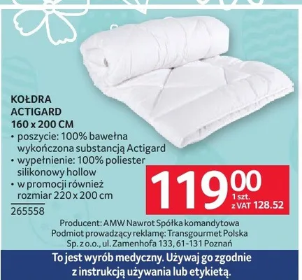 Kołdra Actigard 160 x 200 cm promocja w Selgros