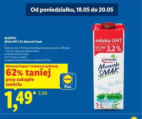 Mleko UHT 3,2% Mazurski Smak Mlekpol promocja w Lidl