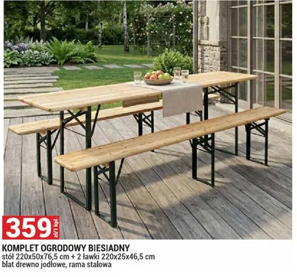 Komplet ogrodowy biesiadny stół 220x50x76,5cm + 2 ławki 220x25x46,5cm blat drewno jodłowe rama stalowa promocja w Merkury Market