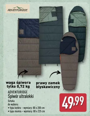 Śpiwór ultralekki Adventuridge typu mumia 80x225cm promocja w Aldi
