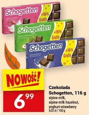 Czekolada Schogetten alpine milk, alpine milk hazelnut, yoghurt strawberry promocja w Twój Market