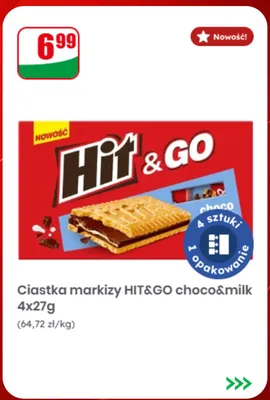 Ciastka markizy HIT&GO choco&milk 4-pak 27 g promocja w Dino