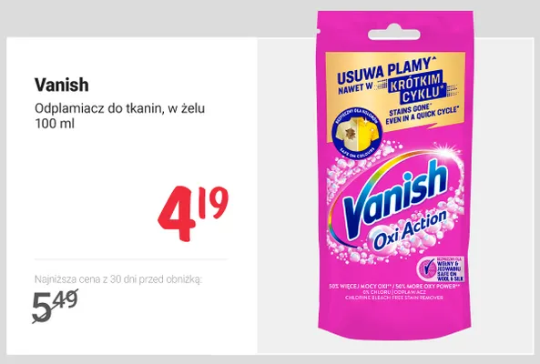 Odplamiacz do tkanin w żelu Vanish promocja w Rossmann