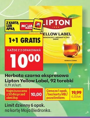 Herbata czarna ekspresowa Lipton Yellow Label promocja w Biedronka