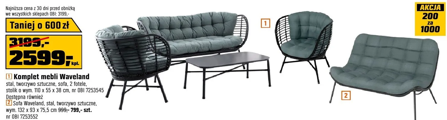 Komplet mebli Waveland stal, tworzywo sztuczne, sofa, 2 fotele, stolik o wym. 110x55x38cm nr OBI 7253455 promocja w OBI