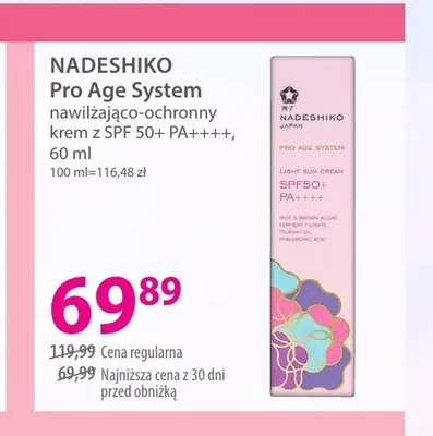 Nawilżająco-ochronny krem z SPF 50+ PA++++ NADESHIKO Pro Age System promocja w Hebe
