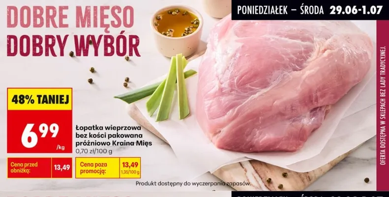 Łopatka wieprzowa bez kości pakowana próżniowo Kraina Mięs promocja w Biedronka