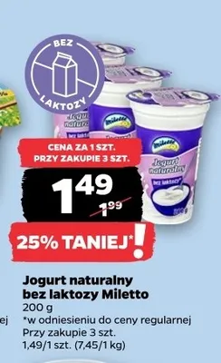 Jogurt naturalny bez laktozy Miletto promocja w Netto