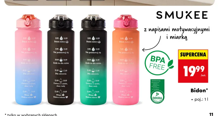Bidon Smukee z napisami motywacyjnymi i miarką 1 l promocja w Biedronka