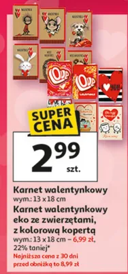 Karnet walentynkowy eko ze zwierzętami, z kolorową kopertą wym. 13 x 18 cm promocja w Auchan