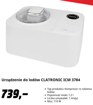 Urządzenie do lodów Clatronic ICM 3784 promocja w Media Markt