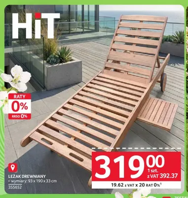 Leżak drewniany 93x190x33cm promocja w Selgros