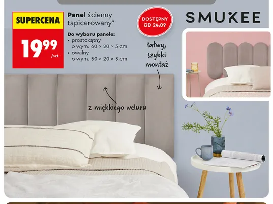 Panel ścienny tapicerowany prostokątny 60x20x3 cm Smukee promocja w Biedronka