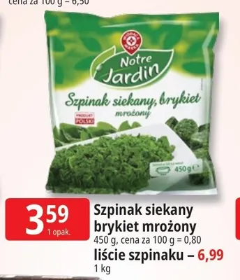 Szpinak siekany brykiet mrożony Notre Jardin promocja w Leclerc