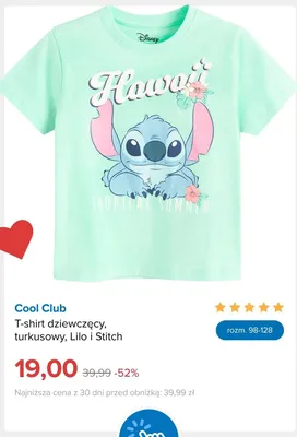 T-shirt dziewczęcy Cool Club turkusowy Lilo i Stitch promocja w Smyk