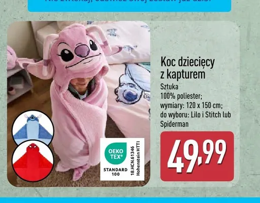 Koc dziecięcy z kapturem Spiderman 120x150cm promocja w Aldi