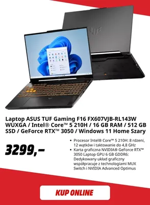 Laptop Asus Tuf Gaming F16 FX607VJB-RL143W promocja w Media Markt
